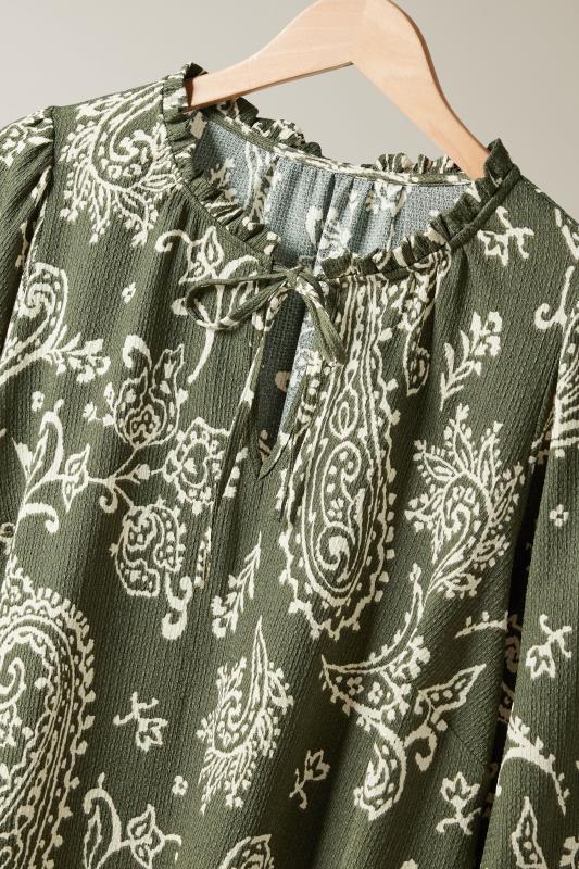 EVANS Plus Size Khaki Green Paisley Print Crepe Tie Neck Blouse | Evans 3