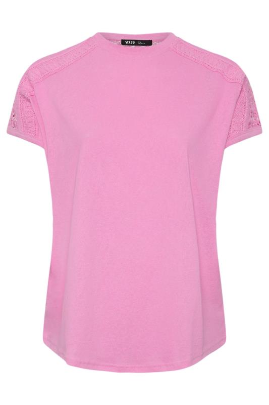 YOURS Plus Size Pink Crochet Detail Linen T-Shirt | Yours Clothing 5