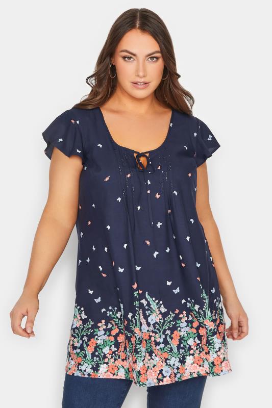 YOURS Plus Size Navy Blue Butterfly Print Blouse | Yours Clothing 1