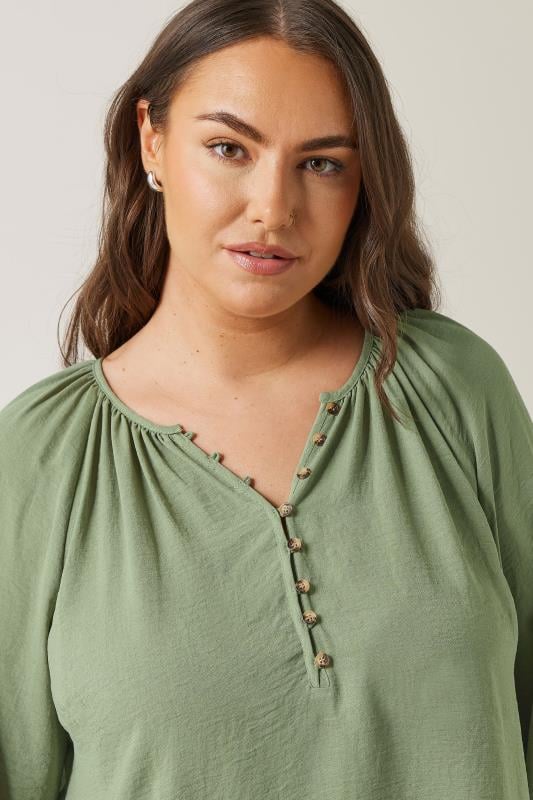 EVANS Plus Size Khaki Green Button Front Long Sleeve Blouse | Evans 5