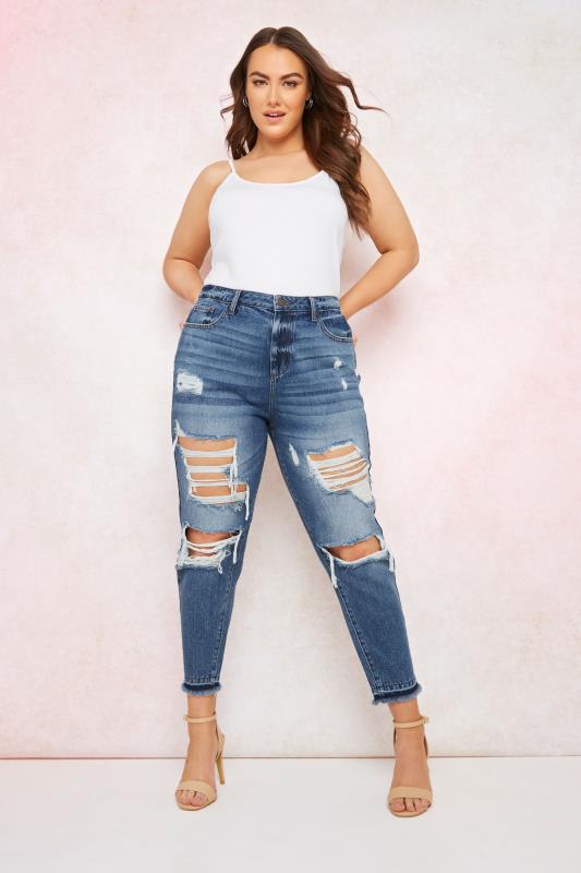 YOURS FOR GOOD Curve Mid Blue Extreme Distressed MOM Jeans_L.jpg