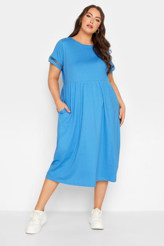 LIMITED COLLECTION Plus Size Blue Crochet Trim T-Shirt Dress | Yours Clothing 1