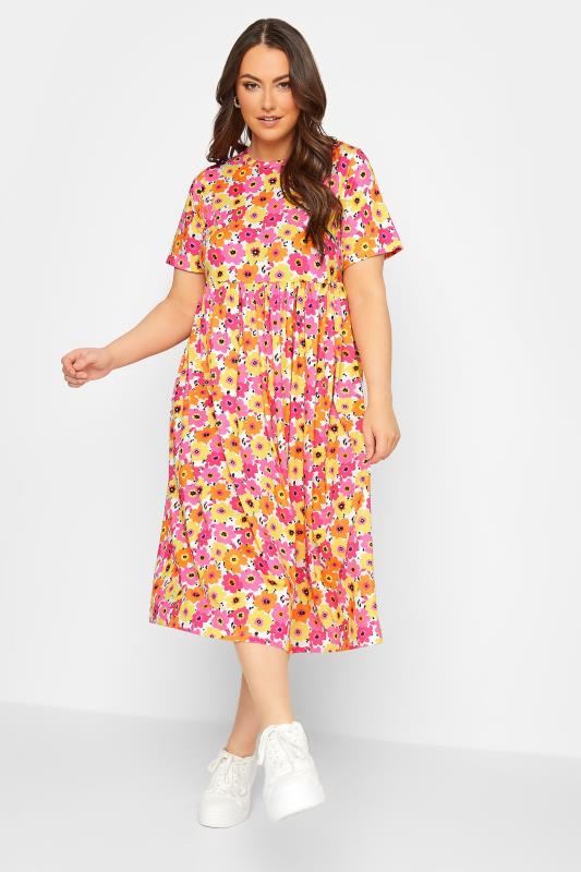 YOURS Plus Size Pink & Yellow Floral Midi Smock Dress | Yours Clothing 3
