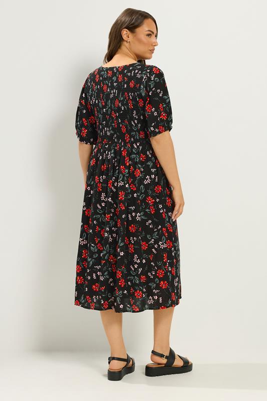 YOURS Plus Size Black Floral Puff Sleeve Shirred Dress  | Yours Clothing 2