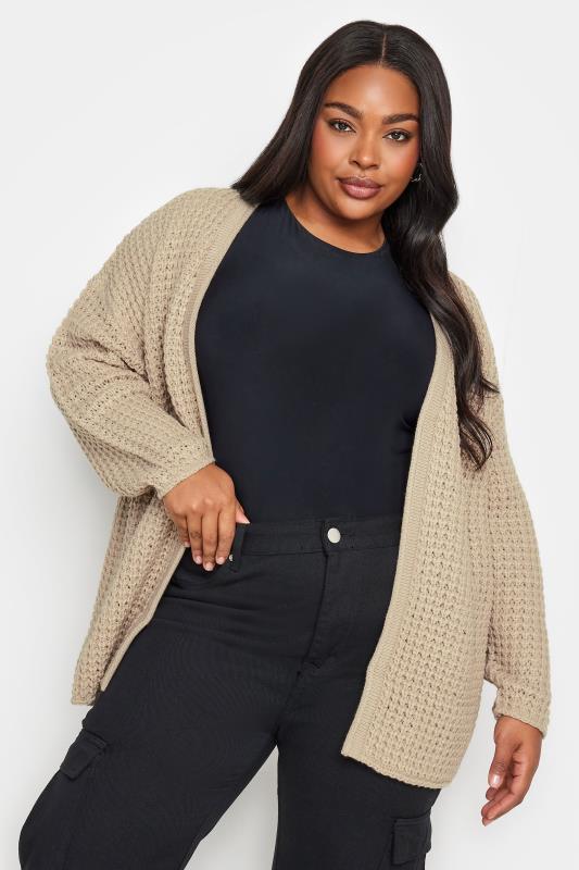 Plus Size  YOURS Curve Beige Brown Waffle Knit Cardigan