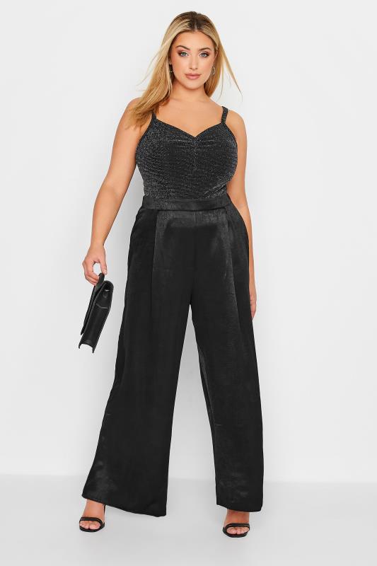 Curve Womens Plus Size Black Satin Wide Leg Trousers | Yours Clothing  2