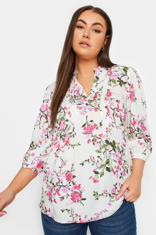 Plus Size  YOURS Curve Pink & White Floral Print Pintuck Blouse
