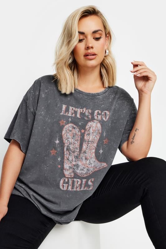 YOURS Plus Size Grey 'Let's Go Girls' Slogan Print T-Shirt | Yours Clothing 2