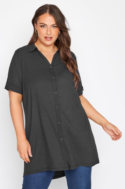 Plus Size Black Crinkle Button Through Shirt | Yours Clothing  1