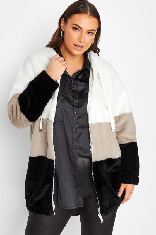 YOURS LUXURY Plus Size Black Colour Block Faux Fur Hooded Coat | Yours Clothing 1