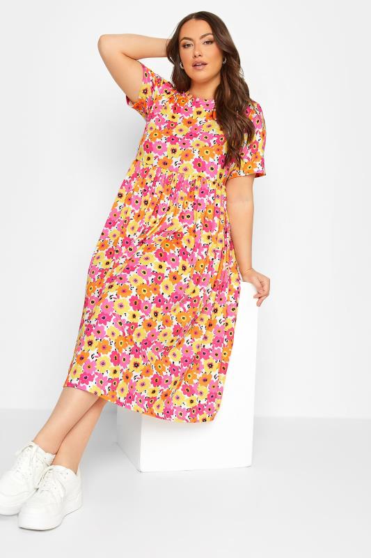 YOURS Plus Size Pink & Yellow Floral Midi Smock Dress | Yours Clothing 2