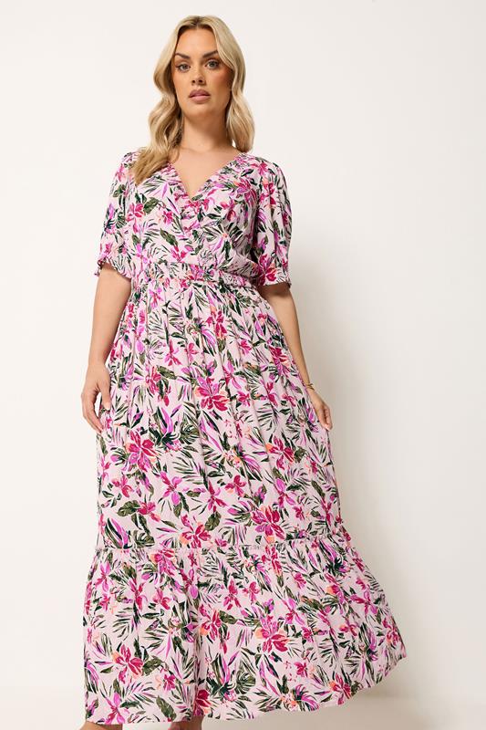 YOURS Plus Pink Tropical Shirred Neck Maxi Dress | Yours Clothing 1