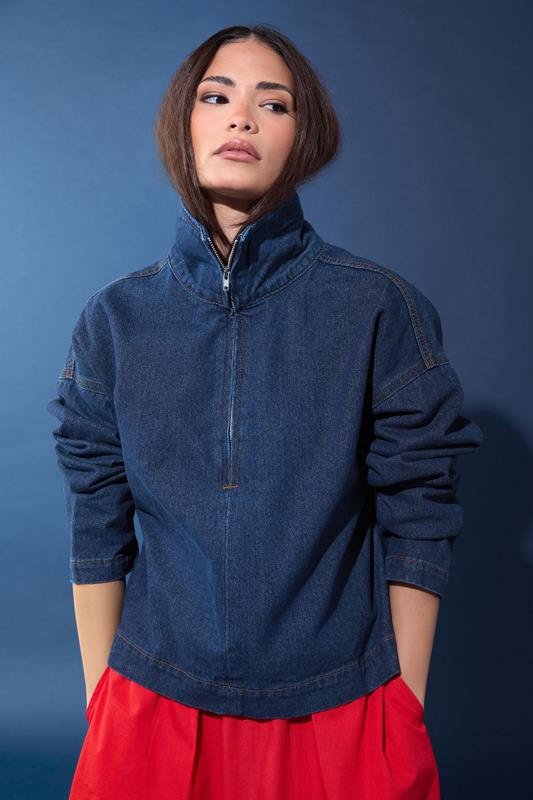 PixieGirl Petite Women's Dark Blue Denim Quarter Zip Cotton Top | PixieGirl 1