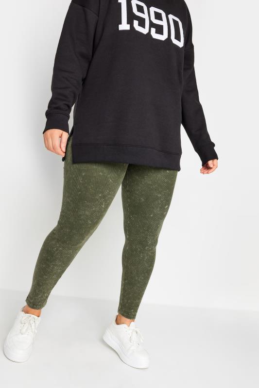  Grande Taille YOURS Curve Khaki Green Acid Wash Ribbed Leggings