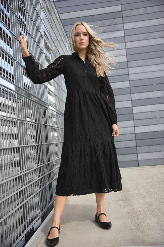 Tall  LTS Tall Black Lace Tiered Midi Dress