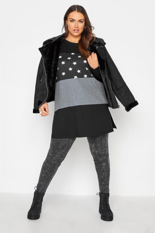 Plus Size Black Colour Block Star Print Top | Yours Clothing 2