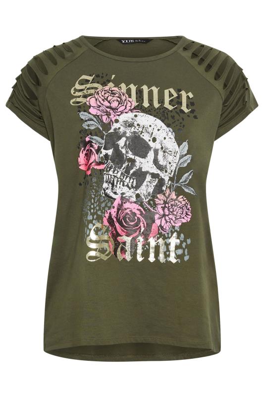 YOURS Plus Size Khaki Green Cut Out 'Sinner Saint' Slogan T-Shirt | Yours Clothing 5