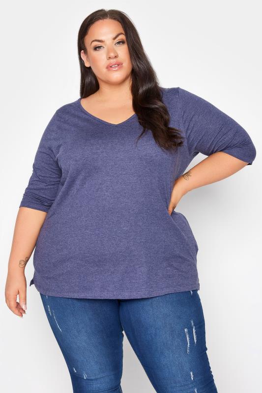 Plus Size Blue Marl V-Neck Essential T-Shirt | Yours Clothing 1