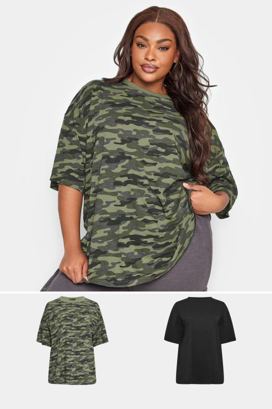 Plus Size  YOURS 2 PACK Curve Khaki Green & Black Camo Print T-Shirts