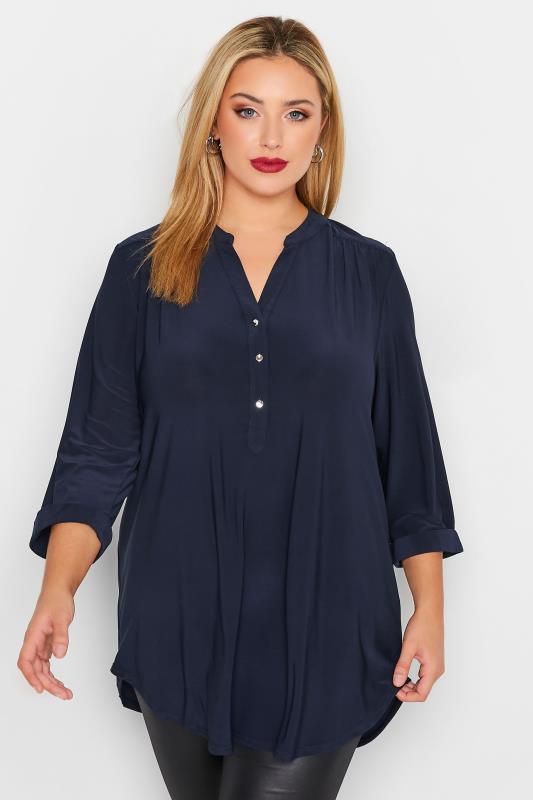 YOURS LONDON Plus Size Navy Blue Half Placket Shirt | Yours Clothing 1