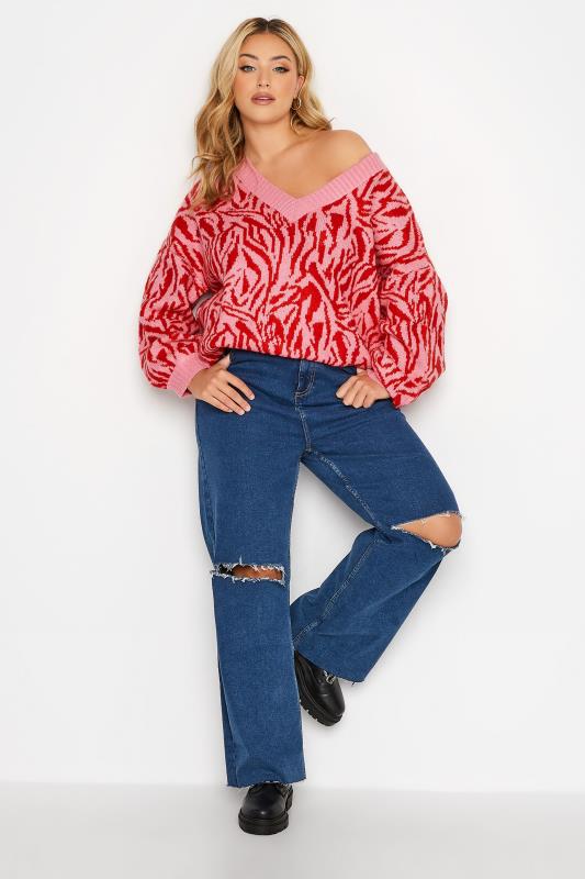 Plus Size Pink & Red Zebra Print V-Neck Jumper | Yours Clothing 5