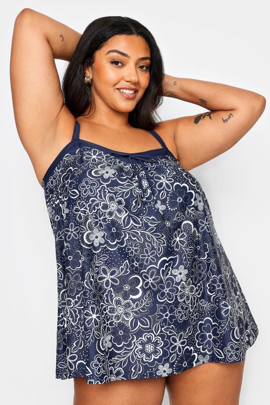 YOURS Plus Size Blue Floral Print A-Line Tankini Top | Yours Clothing 1
