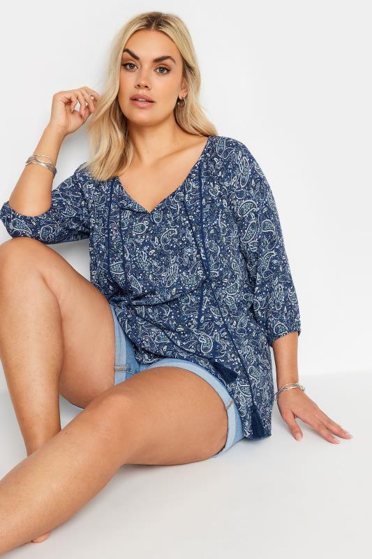YOURS Plus Size Navy Blue Paisley Print Tie Neck Blouse | Yours Clothing 1