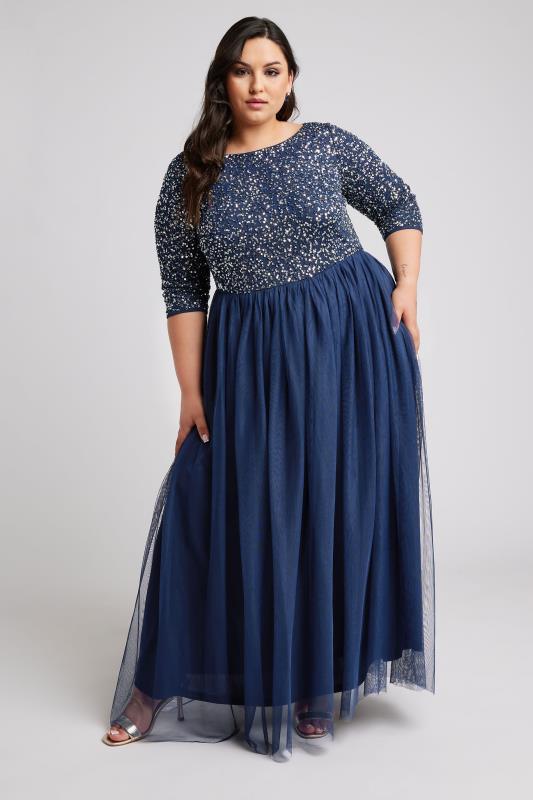 LUXE Plus Size Navy Blue Sequin Hand Embellished Maxi Dress | Yours Clothing  2