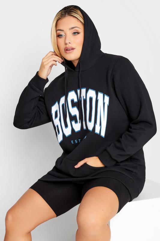 Plus Size Black 'Boston' Slogan Hoodie Dress 4
