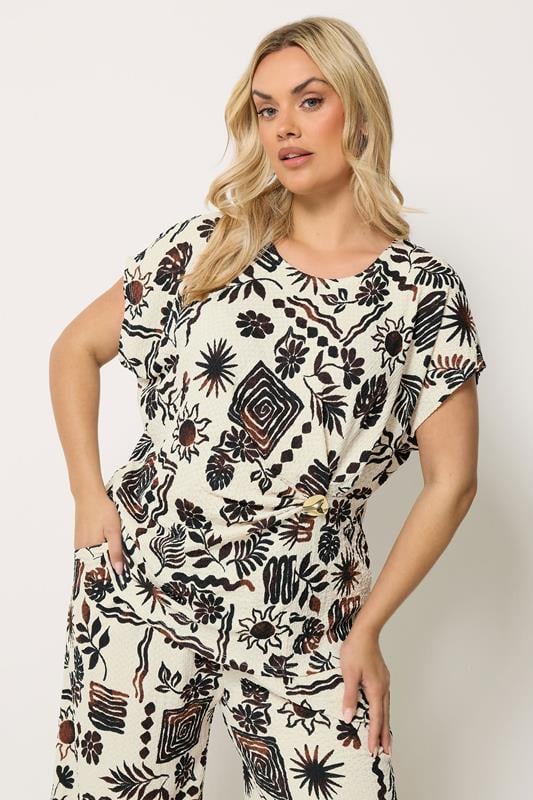 YOURS Plus Size Natural Brown Summer Print Crinkle Grown On Sleeve Top | Yours Clothing 1