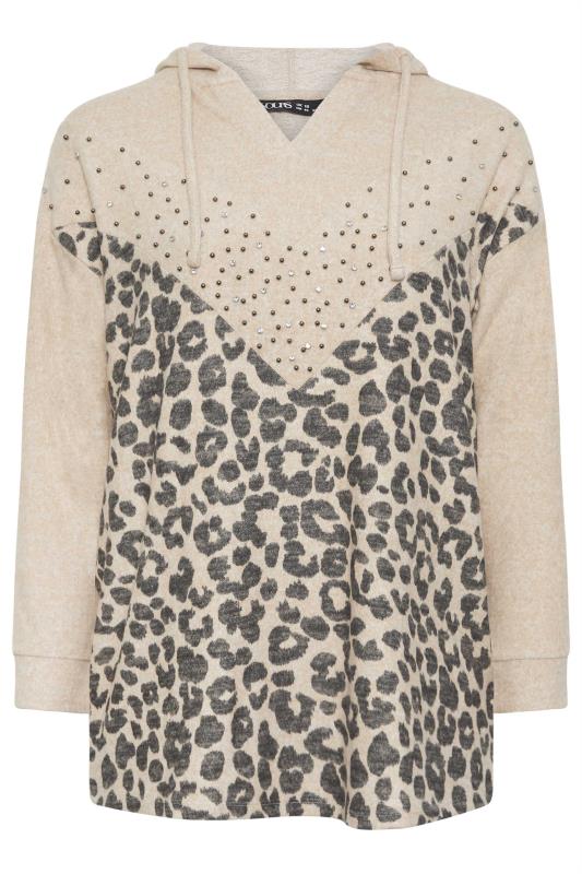 YOURS Plus Size Beige Brown Leopard Print Stud Hoodie | Yours Clothing 5