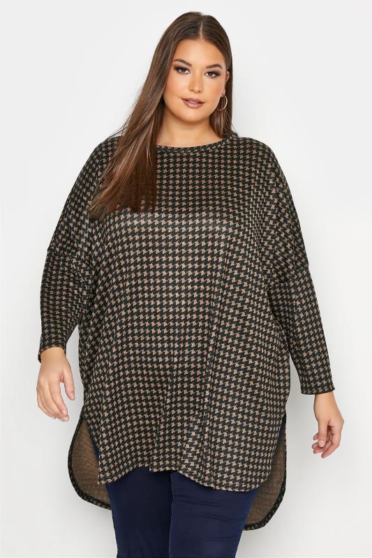 Plus Size Black & Brown Dogtooth Check Dip Back Knitted Jumper | Yours Clothing 1