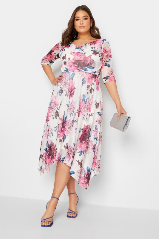 YOURS LONDON Plus Size White Floral Cowl Neck Mesh Dress | Yours Clothing