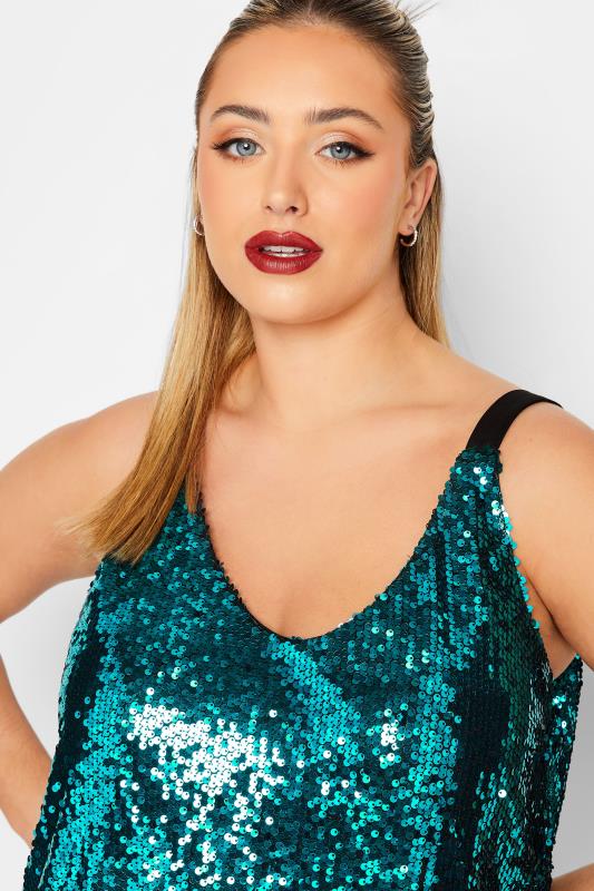 YOURS LONDON Plus Size Teal Blue Sequin Embellished Cami Top | Yours Clothing 5