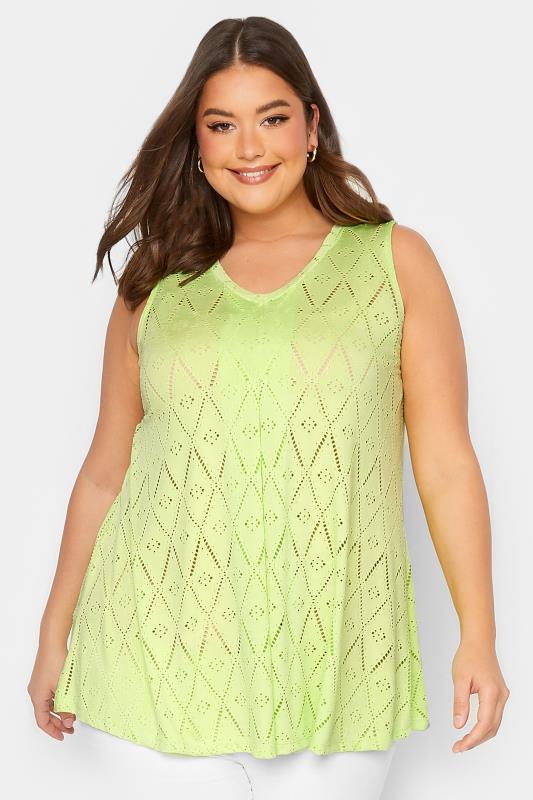 YOURS Plus Size Lime Green Broderie Anglaise Swing Vest Top | Yours Clothing 1