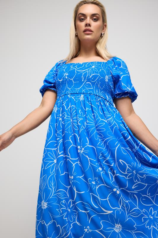 Plus Size  YOURS Curve Blue Floral Print Shirred Midaxi Dress