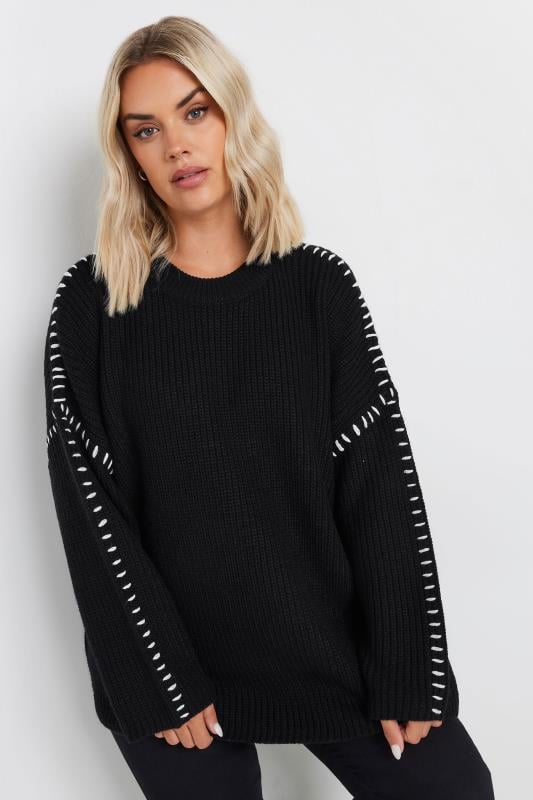 YOURS Plus Size Black Contrast Blanket Stitch Jumper | Yours Clothing 2