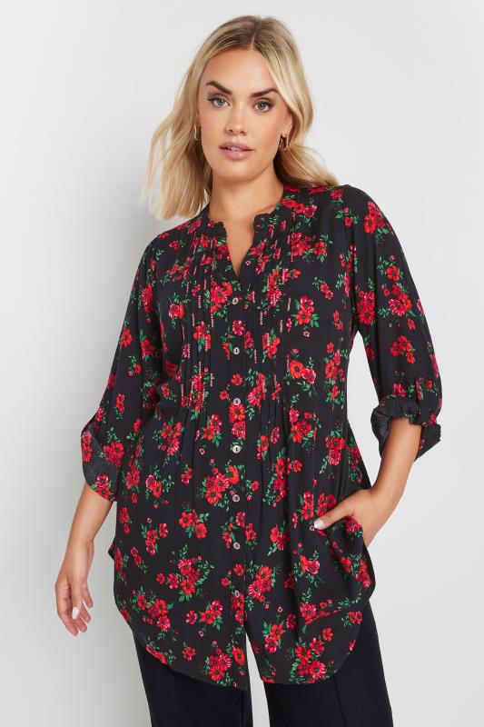  Grande Taille YOURS Curve Black & Red Floral Print Sequin Embellished Pintuck Blouse