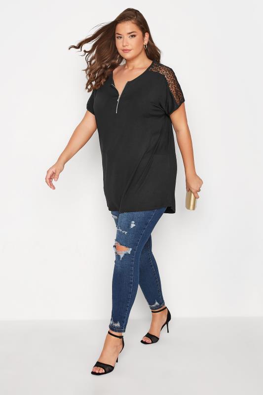 YOURS Plus Size Black Lace Sleeve Zip T-Shirt | Yours Clothing 2
