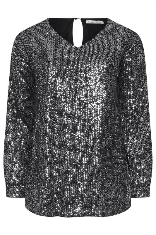 YOURS LONDON Plus Size Silver Sequin V Neck Top Yours Clothing