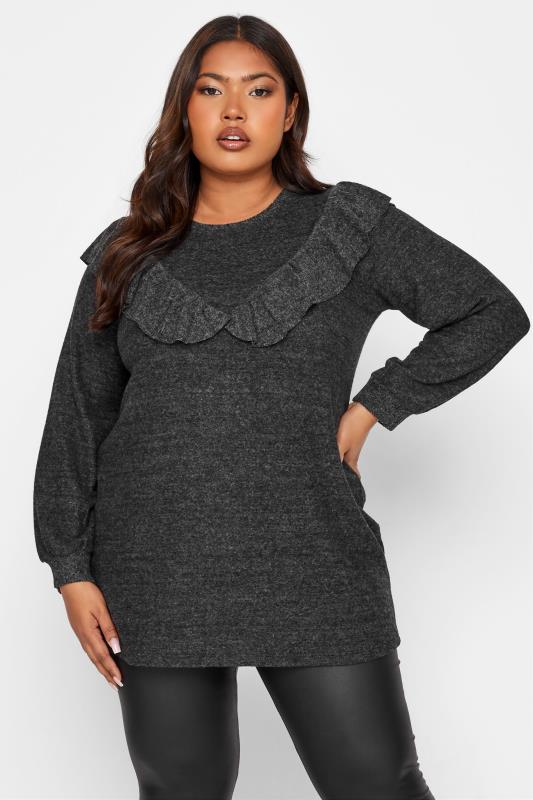 Plus Size  Charcoal Grey Marl Soft Touch Chevron Frill Top