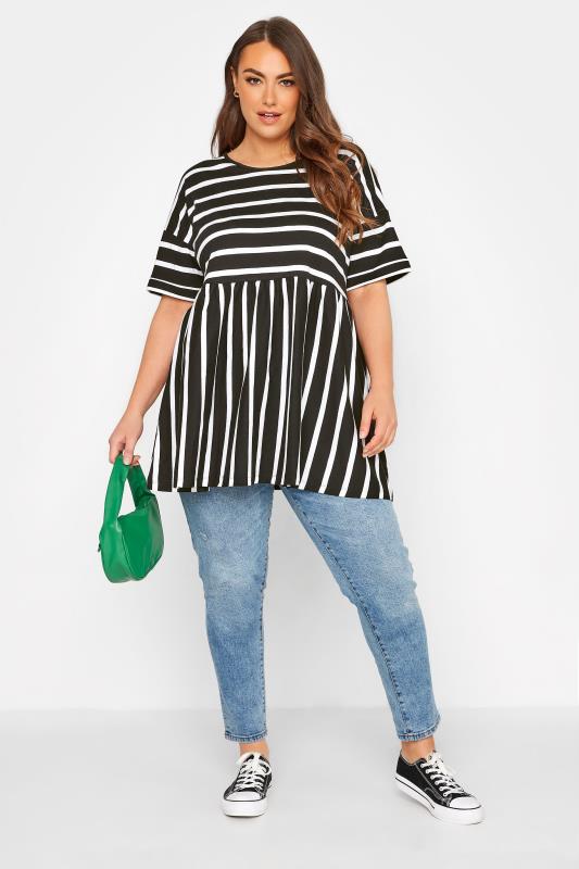 Plus Size Black Stripe Drop Shoulder Peplum Top | Yours Clothing 2