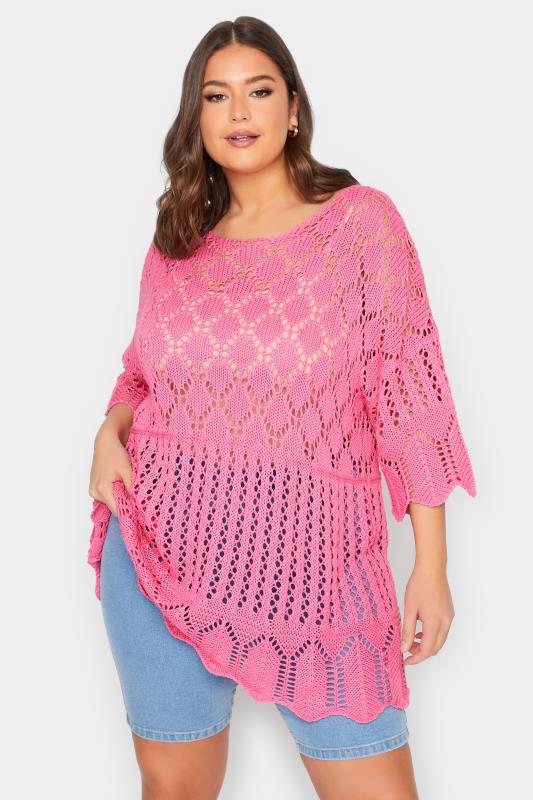 YOURS Plus Size Curve Pink Crochet Jumper | Yours Clothing  2