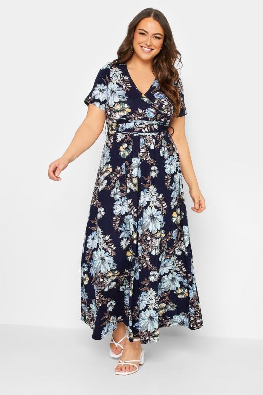 YOURS Plus Size Navy Blue Floral Wrap Front Tie Maxi Dress | Yours Clothing 1