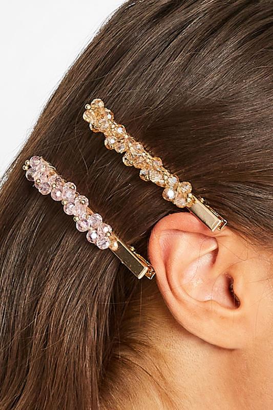 Plus Size  2 PACK Gold & Pink Diamante Bead Hair Clips