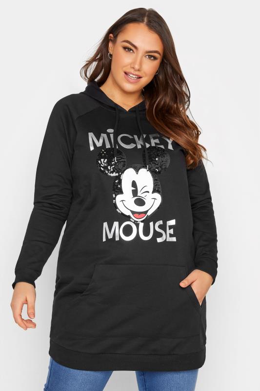 DISNEY Plus Size Black Minnie Mouse Sequin Longline Hoodie | Yours Clothing 1