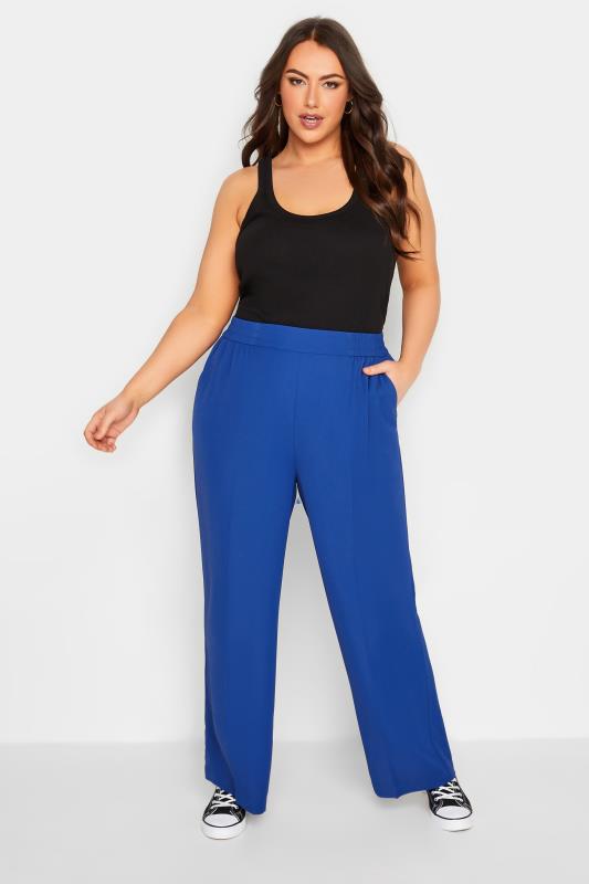 YOURS Plus Size Cobalt Blue Elasticated Waist Pull-On Wide Leg Trousers | Yours Clothing 2