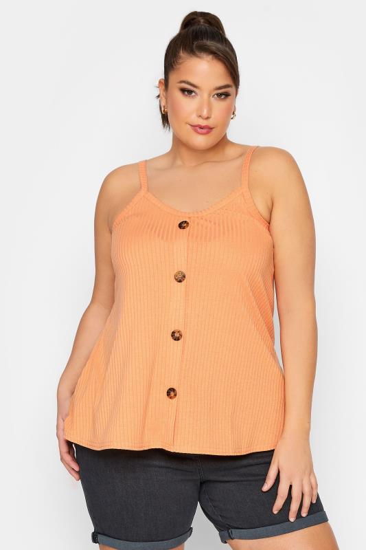 LIMITED COLLECTION Plus Size Orange Ribbed Button Cami Vest Top | Yours Clothing  1