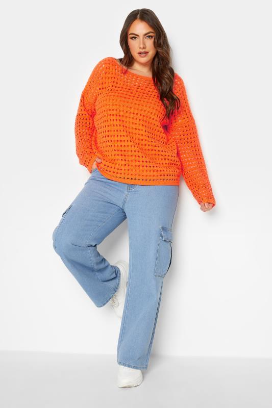YOURS Plus Size Orange Long Sleeve Crochet Jumper | Yours Clothing  2