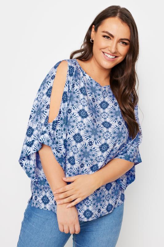 YOURS Plus Size Blue Abstract Print Cold Shoulder Blouse | Yours Clothing 1